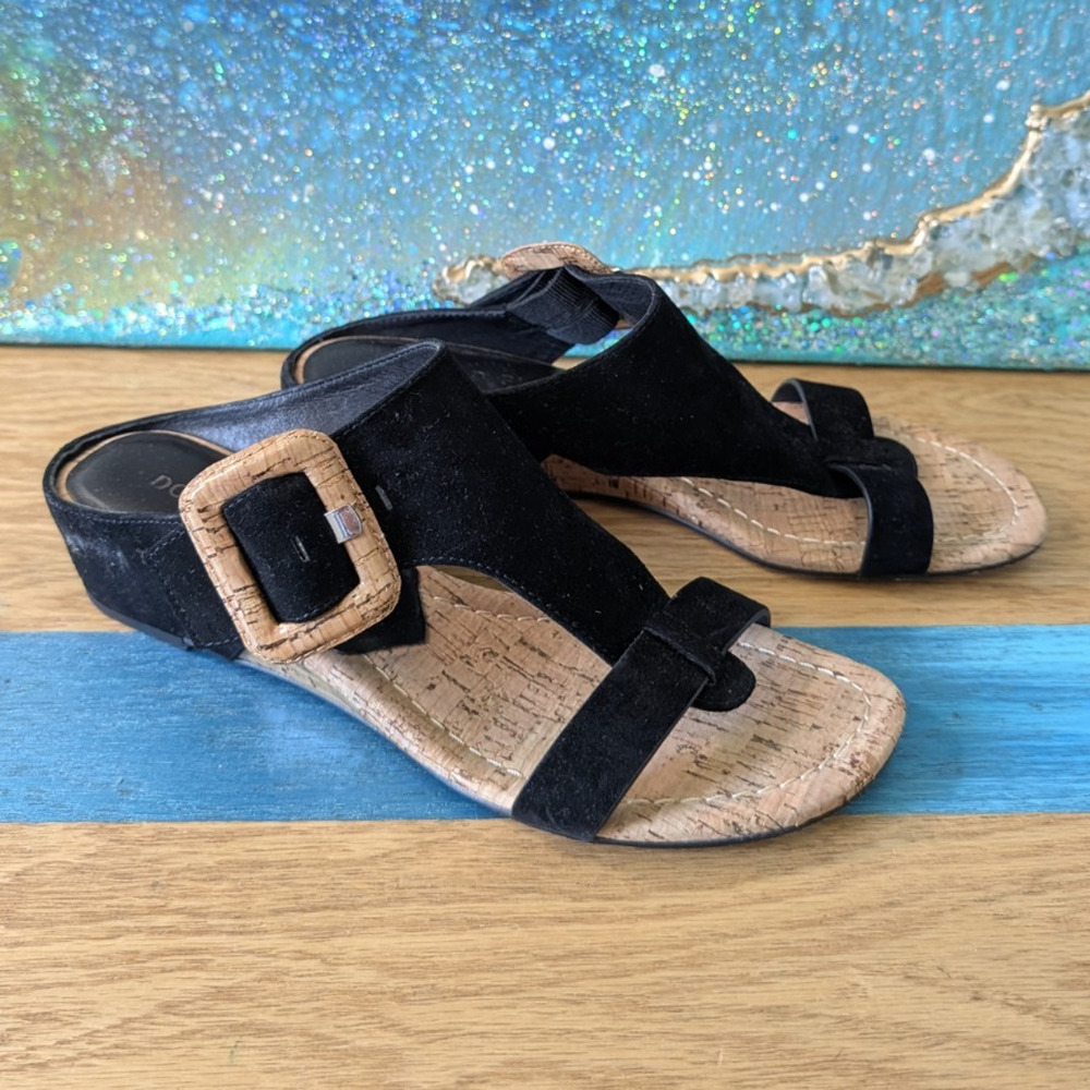 Donald Pliner Black Suede Buckle Wedge Sandals Ofelia Comfort Leather 7.5M Cute!